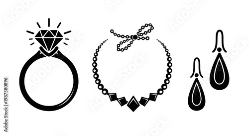 Elegant Luxury Jewelry Icon Set: Diamond Ring, Beaded Necklace, and Drop Earrings. Fashion Accessories Collection Concept.
