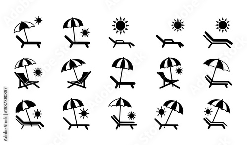 Beach chair with sun icon set flat vector chaise longue parasol beach seating symbols