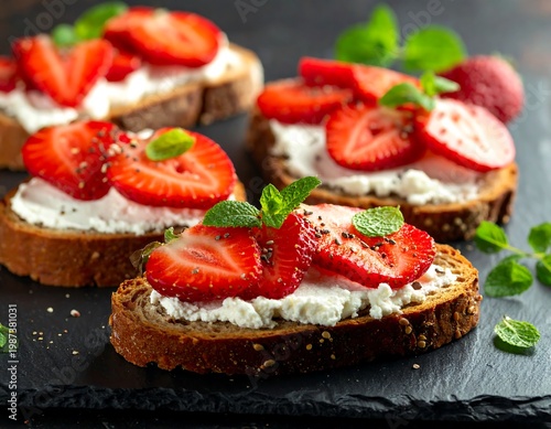 Sliced strawberries atop creamy white spread on toasted bread slices, garnished with mint leaves and seeds. Close-up on dark surface