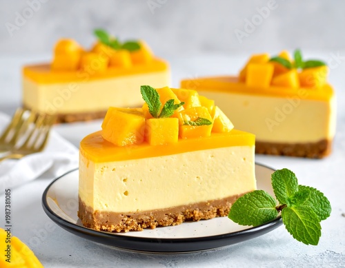 Slices of rich cheesecake topped with fresh mango and mint, ready to eat on plates
