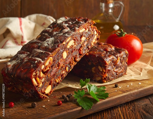 Sliced, rustic, savory loaf and companion components, including a ripe tomato, olive oil, and fresh parsley, presented on a wooden board