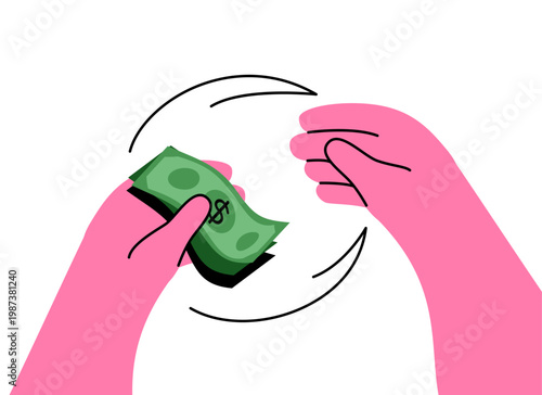 Money payment vector illustration. Hand giving cash dollar bills to another hand. Flat cartoon illustration of financial transaction, payment, business deal isolated on white. Buying paying design