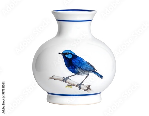 Small, white ceramic vase with a round body and a narrow neck. Decorated with a vibrant blue bird perched on a branch