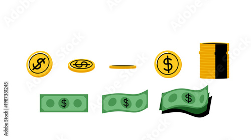 Money set with coins and bills vector illustration. Cash, dollar currency, gold coin stacks, bank notes for wealth, finance, investment concept. Flat cartoon illustration isolated on white background