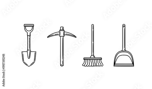 Minimalist line art work tools icons with shovel pickaxe mop and dustpan in thin outline style
