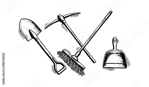 Hand drawn sketch style work tools icons with shovel pickaxe mop and dustpan in black and white