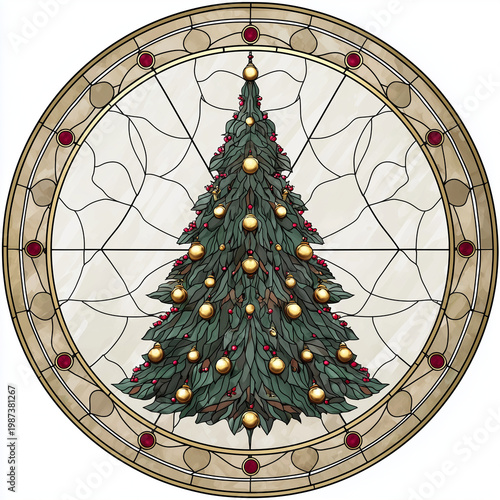 A circular stained glass window featuring a beautifully decorated Christmas tree with golden ornaments and red berries.