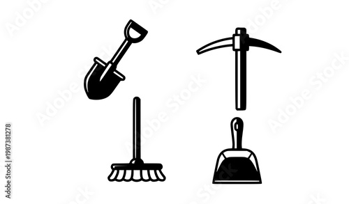 Black and white work tools icon set with shovel pickaxe mop and dustpan in bold silhouette style