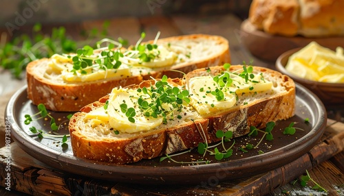 Slices of rustic bread are topped with creamy butter and garnished with fresh microgreens on a plate