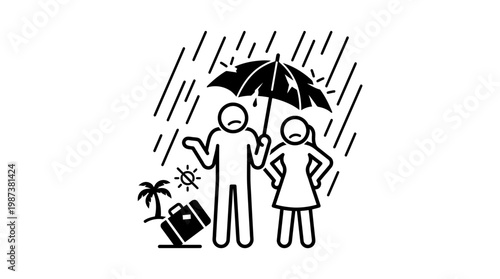 Stressed Couple Under Umbrella During Heavy Rain with Disasters