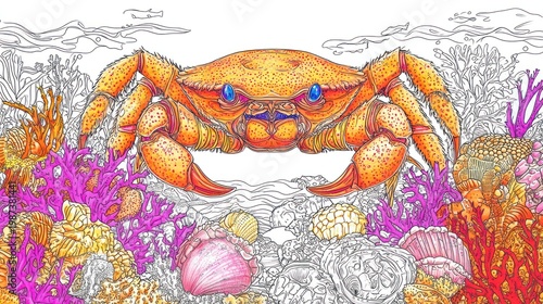 Hand-drawn, colorful crab surrounded by coral reefs, with black and white sketching above