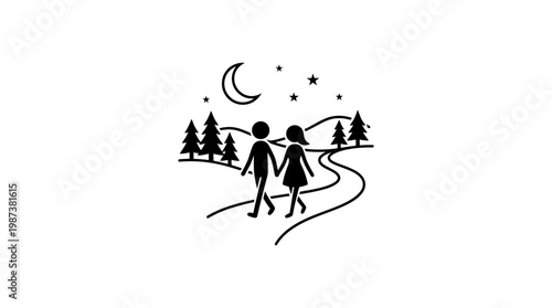 Romantic Couple Walking on a Trail at Night