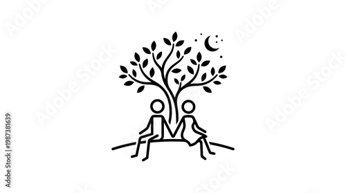 Romantic Couple Sitting Under a Tree at Night