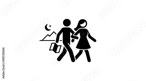 Couple Walking with Mountains and Moon