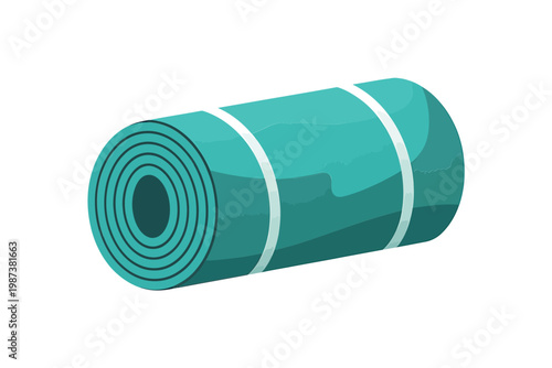 A teal rolled up yoga mat with white stripes isolated on a white background