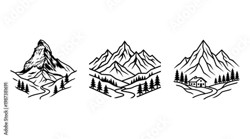 Mountain Landscapes in Line Art Style