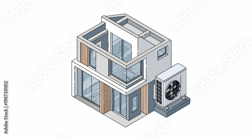 Isometric 3D Illustration of a Modern Two-Story House with HVAC Outdoor Air Conditioning Unit, Climate Control and Energy Efficient Home Cooling System Design