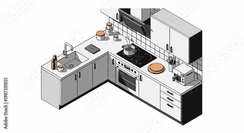 Modern Isometric Kitchen Interior Illustration with Minimalist Design, Cabinets, Stove, and Appliances