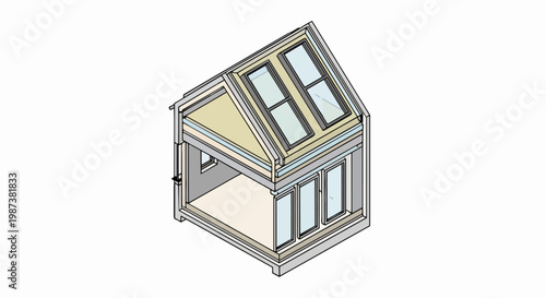Isometric Architectural Cutaway of a House Attic Extension with Energy-Efficient Insulation and Skylights