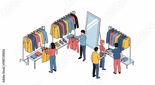 Isometric Clothing Store Illustration with People Shopping for Fashion and Apparel in a Boutique