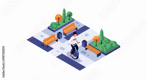 Isometric Vector Illustration of a Man Riding an Electric Unicycle in a Modern City Park, Eco-friendly Urban Commuting and Mobility Concept