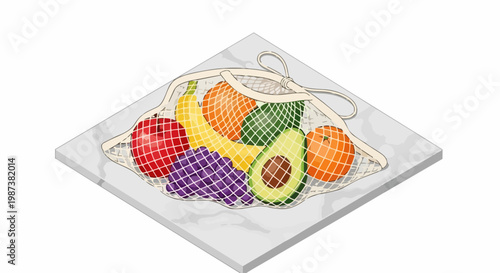 Isometric Eco-Friendly Mesh Bag with Fresh Fruits on Marble Surface, Zero Waste Concept Vector Illustration