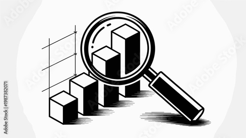 Magnifying glass scanning 3D bar graph - for data analysis branding