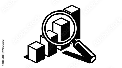 Bold magnifying glass with ascending bar chart - for analytics illustration
