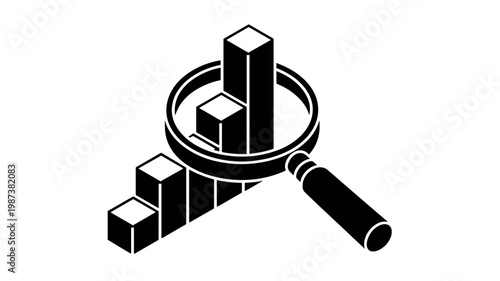 Clean vector magnifier examining data bars - for research concept graphic