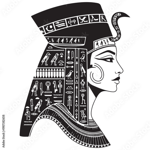 Egyptian queen profile with hieroglyphs and headdress