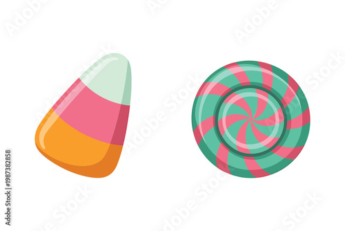 A colorful illustration depicts two pieces of candy corn and a swirl lollipop