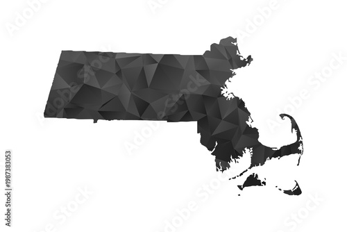 Massachusetts Map - Polygon Style Vector Illustration in Black and Gray Gradient, Low Poly Geometric Design, Isolated on White Background for Infographics and Education.