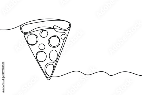 Billede på lærred Minimalist line drawing depicts a single slice of pizza with scattered toppings