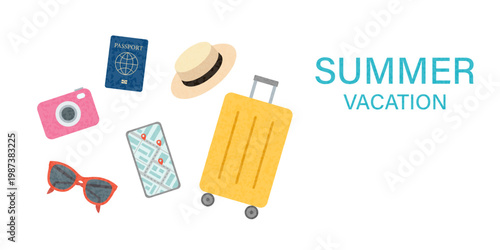 Summer trip, city route on a phone, suitcase and passport, sunglasses, camera. Vector illustration of travel items.