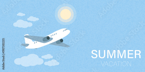 A summer trip, a vacation, a plane ride to a resort. The plane flies through the clouds and under the sun.