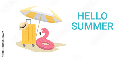 Summer beach, beach umbrella and flamingo inflatable ring on the sand with a suitcase, destination for travel, rest and relaxation, hotel on the seashore.