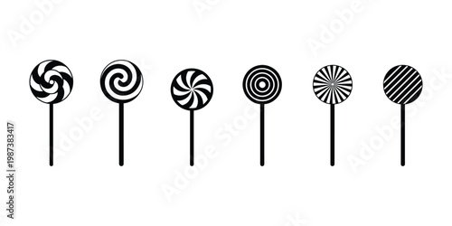 Monochrome sweet lollipop symbol set with swirl and spiral patterns