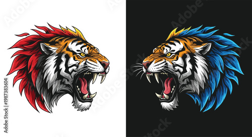 Two fierce roaring tiger heads with colorful manes facing each other on contrasting white and black backgrounds, symbolizing rivalry.