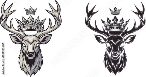 Detailed illustration of two regal deer heads, one light and one dark, both adorned with elegant crowns.