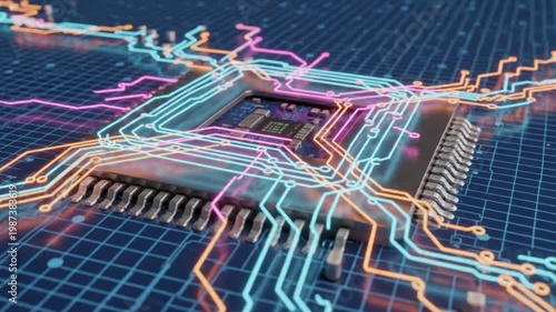 Futuristic circuit board processor with glowing neon lines representing data flow and digital technology
