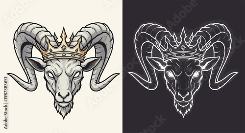 Detailed illustration of a majestic ram's head wearing a golden crown, presented in both color and monochrome emblem styles.