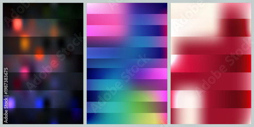 Abstract blurry light patterns on dark backgrounds featuring set of three vertical banners with vibrant neon colors and bokeh