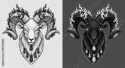 Detailed illustration of two contrasting ram heads with flaming horns, one white and one black, showcasing duality and power.