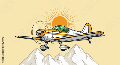 Vintage light aircraft flying over mountains, retro propeller airplane vector illustration, small private plane soaring against sun and peaks