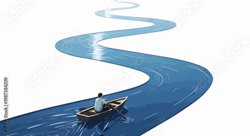 Winding river journey with man rowing boat, metaphorical path to success and life direction, blue water stream on white background vector