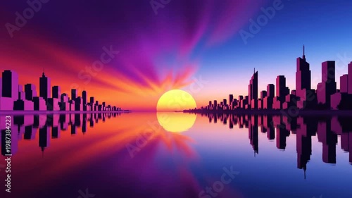 Futuristic Cityscape Silhouette with Vibrant Sunset Sky Reflecting in Calm Water and Forming a Symmetrical Composition
