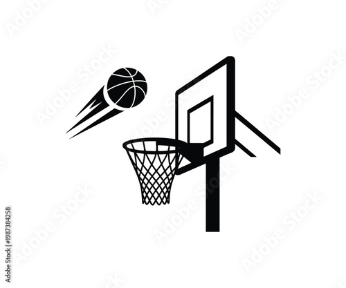 Professional basketball going into hoop and backboard silhouette