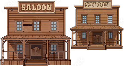 Wild West wooden saloon building vector, set of 2 vintage western bar illustrations, rustic frontier town architecture with swinging doors