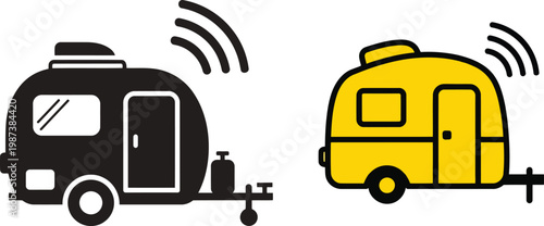 Vector illustration of two colorful camper trailers with signal waves