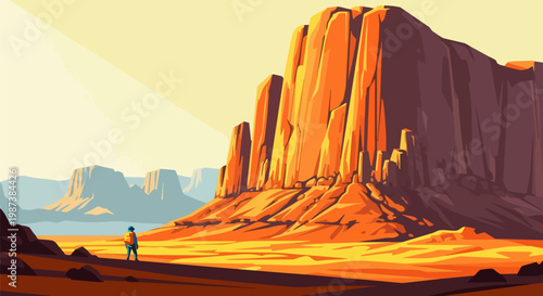 Desert landscape vector illustration, majestic sandstone buttes and mesas, lone hiker exploring wild western canyon at sunset, scenic travel background